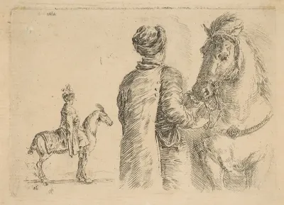 A Polish groom, from the back, holding a horse by the bridle