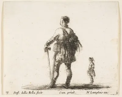 A Polish nobleman in court dress, standing in center, seen from behind, another nobleman to right in background, plate 19 from "Diversi capricci"