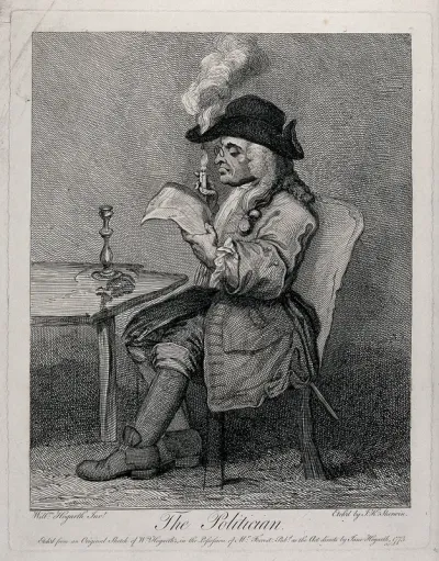 A politician engrossed in reading the "Gazetteer" and burning the brim of his hat with a candle while he does so