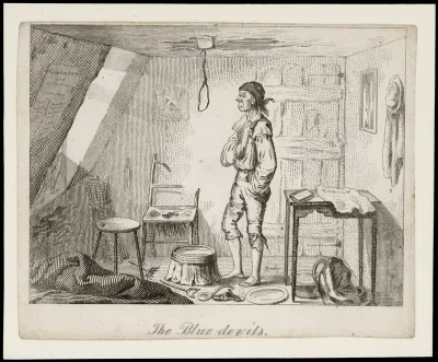 A poor depressed man prepares to hang himself in a noose attached to the ceiling