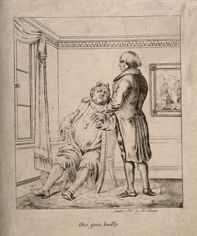 A poor doctor takes the pulse of a rich, corpulent patient and announces that he is very ill