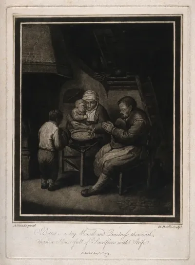 A poor family praying before eating their simple evening meal