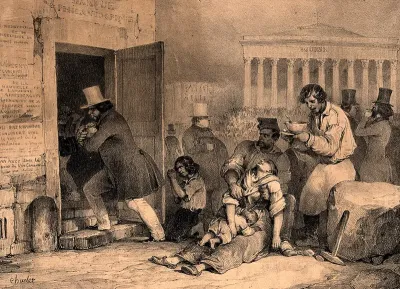 A poor family starves in the centre of Paris: a workman brings them a bowl of soup, a banker for a "Philanthropic bank" ignores them, public funds are spent on a new stock exchange, and books are advertised advocating self-help
