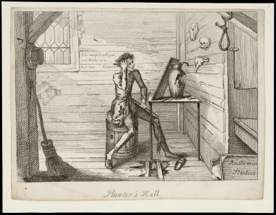 A poor painter seated at a canvas contemplates suicide