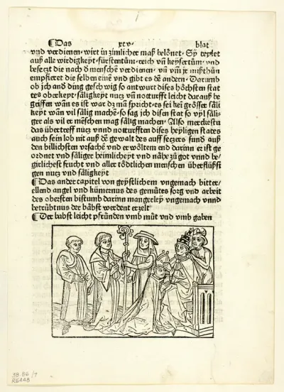 A Pope Installing a Bishop from Speculu humane vite (Mirror of Human Life), Plate 7 from Woodcuts from Books of the 15th Century