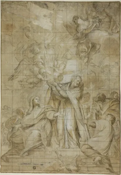 A pope receiving a book from angels