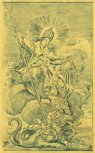 A pope with a model of St Peter's enthroned on clouds, threatening a dragon with a spear; representing the Roman Catholic church fighting againsy heresy