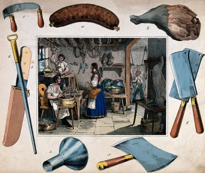 A pork-butcher's shop: two butchers are working with knives and cleavers as another makes sausages, a woman has come to buy and is holding some money in her hand
