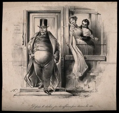 A portly, well-to-do physician leaves his house, while his wife cavorts in the window with a young dandy