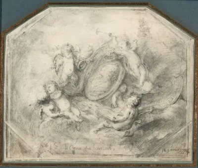 A Portrait Medallion of King Louis XV Surrounded by Putti Carrying the Attributes of Fame and History