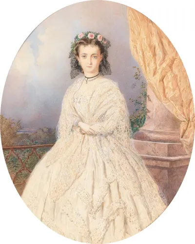 A portrait of a bride with roses in the hair, standing on a balcony
