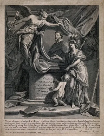 A portrait of Peter Paul Rubens, in a roundel, on a pedestal, being unveiled by Fame at the command of Minerva, as a putto carves an inscription on the pedestal