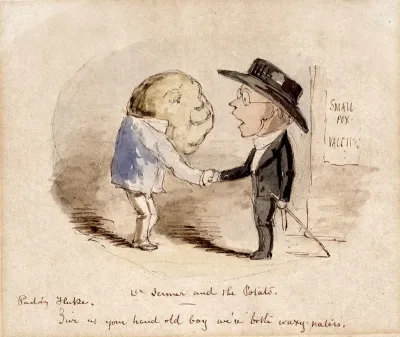 A potato shaking hands with Edward Jenner, claiming him as a fellow vaccinator