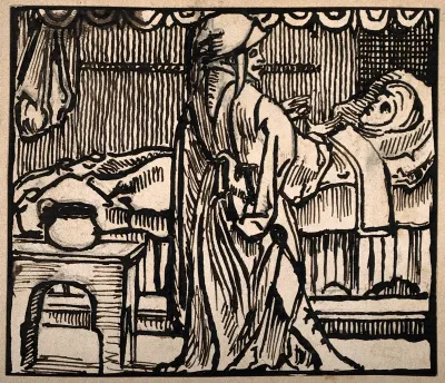 A pregnant woman in bed another figure stands by the bed explaining something to her