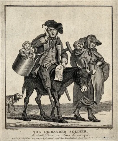 A pregnant woman leading a donkey on which a discharged veteran, who has lost both his legs, is sitting carrying one of their children in a bucket