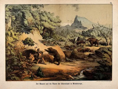 A prehistoric man defends his family from an attacking bear: the man's family huddle together in a cave, while mammoths, a tiger (?), a rhinocerus and cattle roam in the landscape beyond