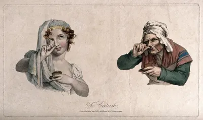 A pretty girl and an old woman both taking snuff