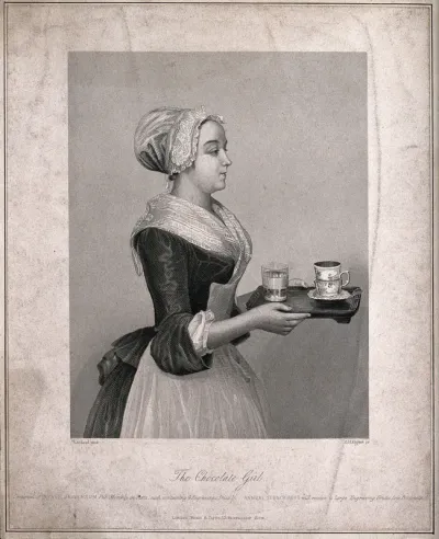 A pretty maid carrying drinking chocolate on a tray