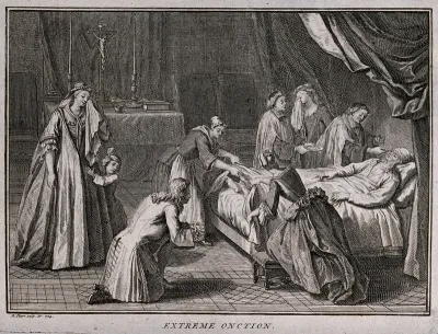 A priest administering extreme unction to a dying man in a bedchamber with a makeshift altar