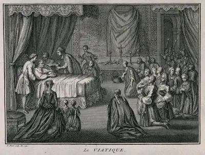 A priest administering the Eucharist to a dying man