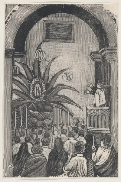 A priest conducting mass from a balcony, an image of the Virgin of Guadalupe set in palm tree