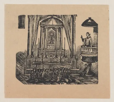 A priest conducting mass from a pulpit for women dressed in black