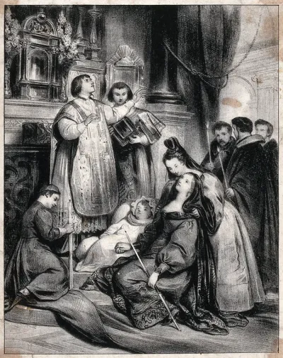 A priest pronouncing a benediction on a dead child