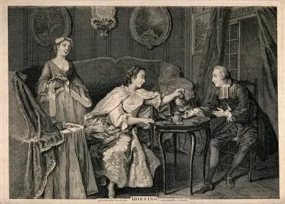 A priest taking morning tea with a lady in her boudoir: a maidservant stands in the background