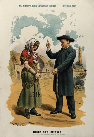 A priest (the Catholic church) has tied a young woman (Ireland) with a rope and is admonishing her