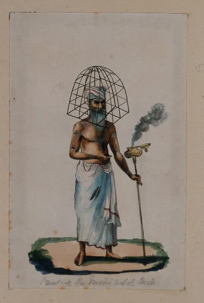A priest with a protective cage (?) covering his head, holding a stick with smoke coming out of a pot attached at the top