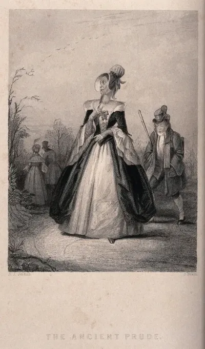 A prim older woman looks disapprovingly as a young couple walk off together arm in arm