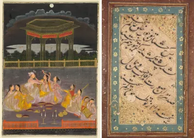 A prince celebrating Holi with palace women on a terrace at night (recto); calligraphy of a quatrain (verso)