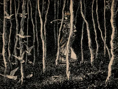 A princess walking in a forest with birds