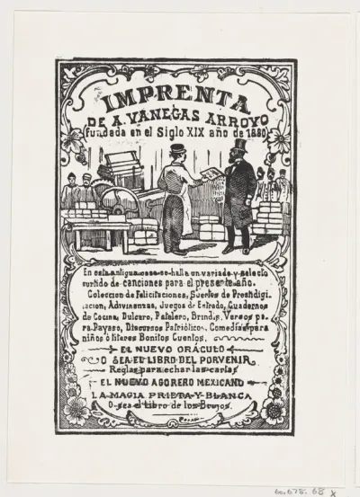 A print shop with a printer handing something to a gentleman, from the broadside 'Imprenta de A. Vanegas Arroyo'