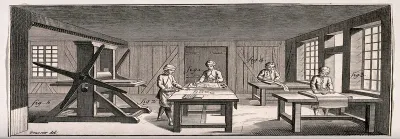 A printer's workshop: on the left a printing press, on the right and centre workmen engaged in various tasks, the scene numbered for a key