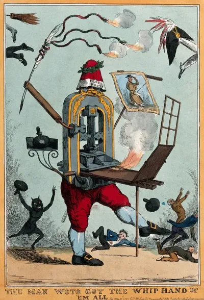 A printing press with a pair of legs brandishes a quill wrapped around with hissing snakes and sends all those around it flying off