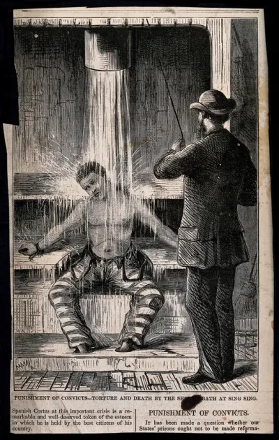 A prisoner in Sing Sing Prison, New York, having water poured over him by a guard as a punishment, while restrained at the ankles and wrists: he dies