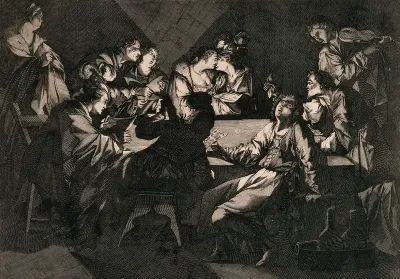 A private concert at night: people around a table are playing music, embracing and singing