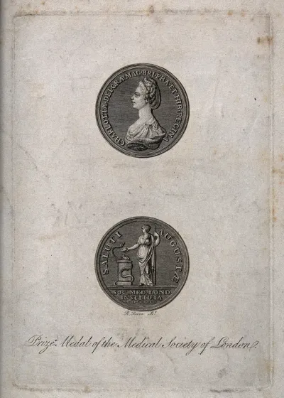 A prize medal of the Medical Society of London; on the front is Queen Charlotte and on reverse is Hygieia with a serpent