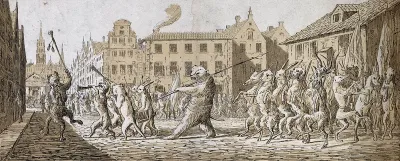 A procession of animals carrying guns and playing music is following a standard-bearing wolf on to a market place