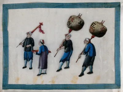 A procession of four Chinese people with lanterns