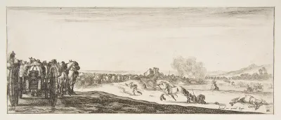 A procession of horse-drawn cannon carriages to left, horsemen in combat and a dead horse to right, battle on a bridge in center background, from "Peace and War" (Divers desseins tant pour la paix que pour la guerre)