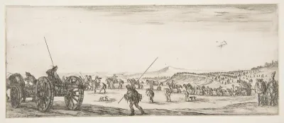 A procession of horsemen and cannons in the middle ground walking to the left, a cannon and two men to left, from "Peace and War" (Divers desseins tant pour la paix que pour la guerre)