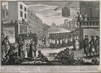 A procession of publicans and a beggar following the coffin of Madam Geneva; attacking the Act preventing distillers from retailing or selling gin to unlicensed premises