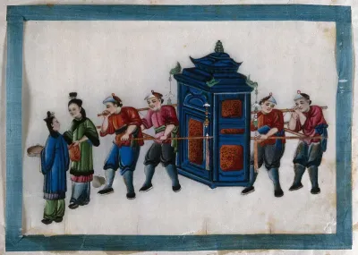 A procession of six Chinese figures, some carrying a sedan chair