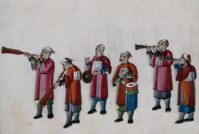 A procession of six Chinese musicians