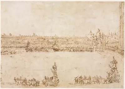 A Procession of Triumphal Cars in the Piazza San Marco, Venice, Celebrating the Visit of the Conti del Nord (recto)
