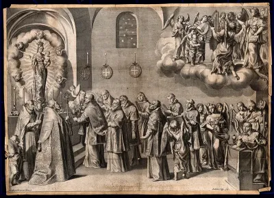 A procession to a miraculous image of the Virgin is joined by heavenly music and angels