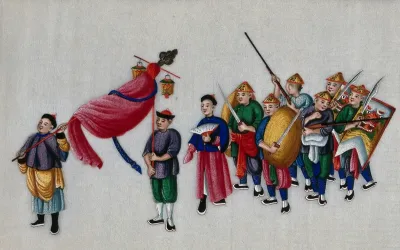 A procession with figures carrying swords and shields