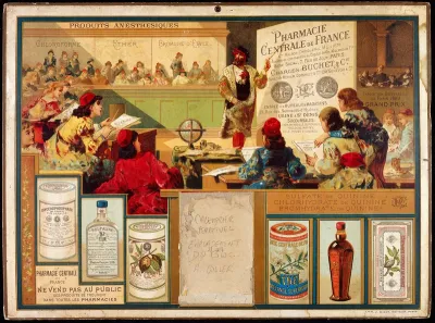 A professor teaching pharmacy to students in mid-16th century Paris; representing a calendar advertising products of the Pharmacie Centrale de France